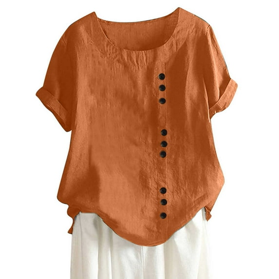 Dezsed Women's Cotton and Linen Button Flower Printed Shirt 2025 Summer Casual Short Sleeved Tunic Tops Orange XL