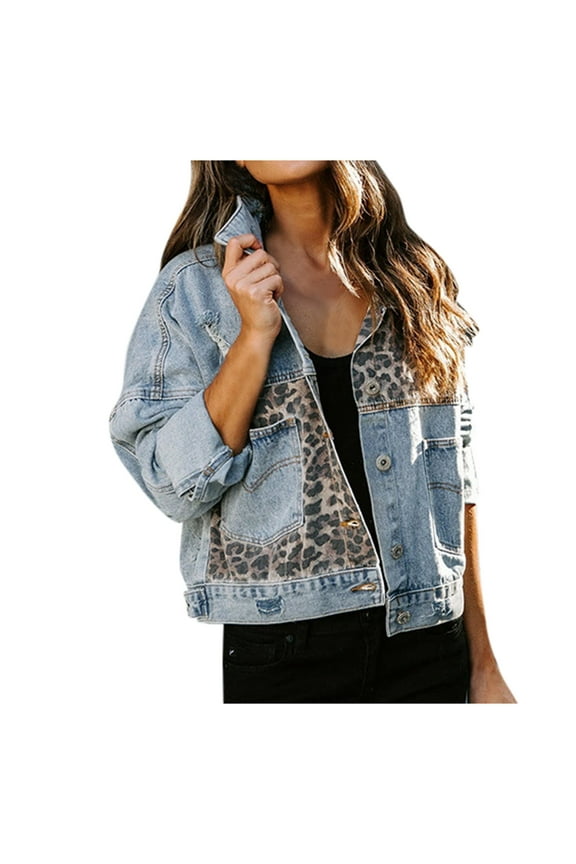 Women's Cropped Jean Jacket Ladies Leopard Print Patchwork Jean Jacket With Long Sleeves Blue L