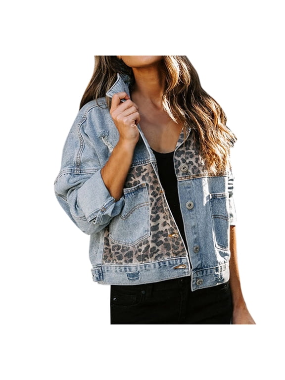 Women's Cropped Jean Jacket Ladies Leopard Print Patchwork Jean Jacket With Long Sleeves Blue S