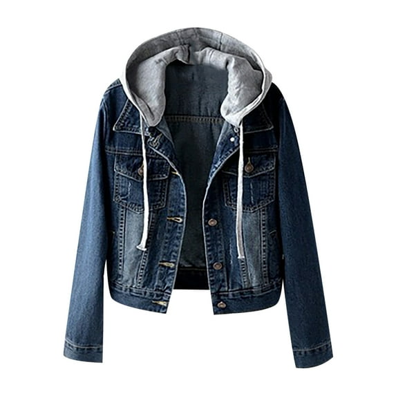 Dezsed Women's Denim Jean Jacket Fashion Women Plus Velvet Long-sleeve Slim-fit Hooded Jacket Denim Blouse Coat Dark Blue XXL
