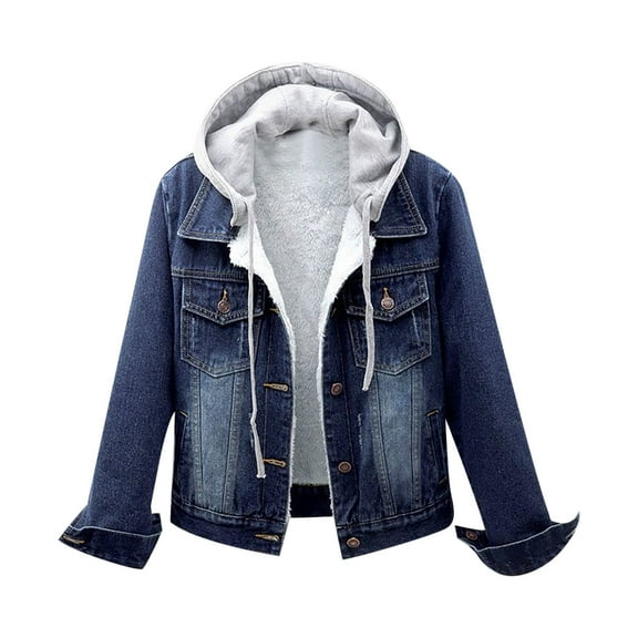 Dezsed Women's Denim Jean Jacket Fashion Women Plus Velvet Long-sleeve Slim-fit Hooded Jacket Denim Blouse Coat Navy XL