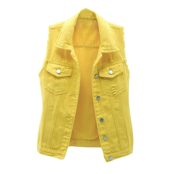 Dezsed Women's Denim Jean Vest Jacket Women Spring Candy Color Slim Fit Sleeveless Distressed Denim Jacket Outerwear Yellow XXXXL