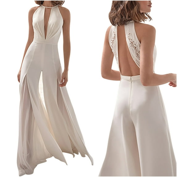Dezsed Women's Elegant High Waist Long Pants Romper Jumpsuit Women's Solid Color Backless Hollow Out Sleeveless V-Neck Sexy Wide Leg Jumpsuit Canonicals White