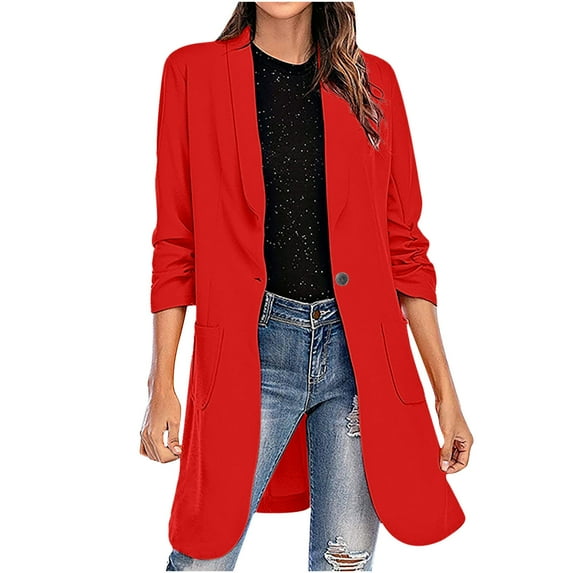 Dezsed Women's Elegant Open Front Notched Neck Blazer Women's Casual Blazer Jackets Suit with Pokets Colored Long Sleeve for Business Office Red S