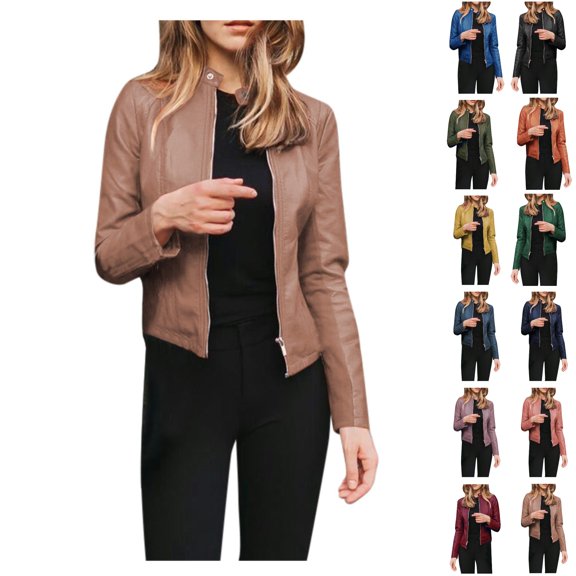 Dezsed Women's Fashion Faux Leather Jackets Women Ladies Lapel Motor Jacket Coat Zip Biker Short Punk Cropped Tops Khaki L