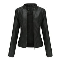 Dezsed Women's Faux Leather Belted Motorcycle Jacket Clearance New Ladies Slim Leather Stand-Up Collar Zipper Stitching Solid Color Jacket Black S