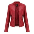 thumbnail image 1 of Dezsed Women's Faux Leather Belted Motorcycle Jacket New Ladies Slim Leather Stand-Up Collar Zipper Stitching Solid Color Jacket Red M, 1 of 6