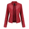 thumbnail image 1 of Dezsed Women's Faux Leather Belted Motorcycle Jacket New Ladies Slim Leather Stand-Up Collar Zipper Stitching Solid Color Jacket Red XL, 1 of 4