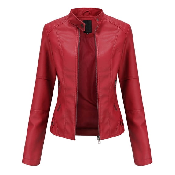 Dezsed Women's Faux Leather Belted Motorcycle Jacket New Ladies Slim Leather Stand-Up Collar Zipper Stitching Solid Color Jacket Red XL