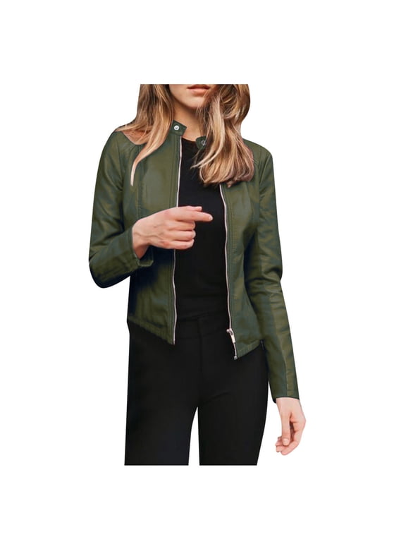 Women's Faux Leather Jacket Slim Fit Zip Up Stand Collar PU Moto Biker Coat Cropped Bomber Jacket Outerwear for Fall Winter Fashion Green S