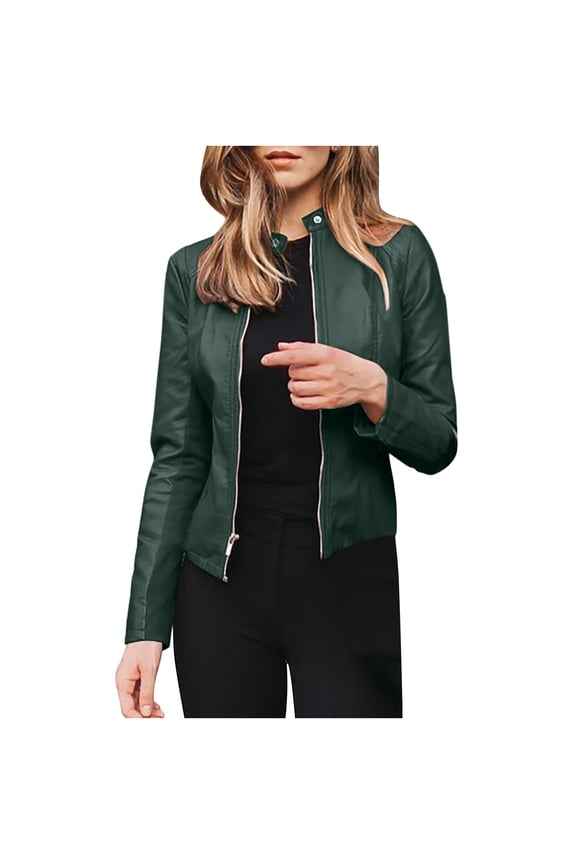 Women's Faux Leather Jackets Fashion Women Long Sleeve Open Front Short Cardigan Short Suit Jacket Coat Top Green XL