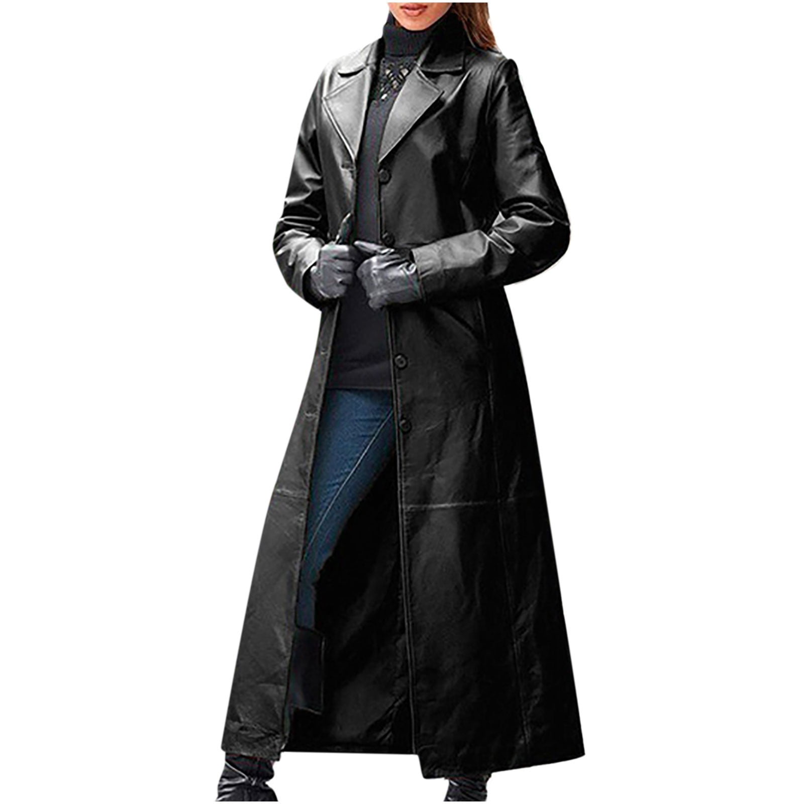 Dezsed Women's Faux Leather Jackets Long Trench Coat Women's Fashion Sexy Fall And Winter Solid Long Leather Coat Imitation Leather Windbreaker Coat Black S