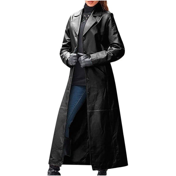 Dezsed Women's Faux Leather Jackets Lapel Long Trench Coat Long Sleeve Open Front PU Windbreaker Casual Windproof Outerwear Black 2XL