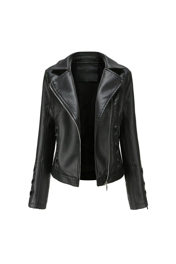 Women's Faux Leather Moto Biker Short Coat Jacket Women's Slim Leather Stand Collar Zip Motorcycle Suit Belt Coat Jacket Tops Black M
