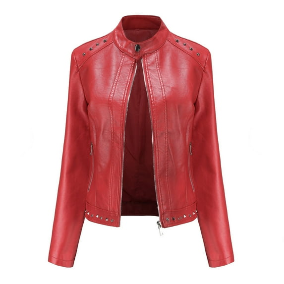 Dezsed Women's Faux Leather Motocycle Biker Jacket Coat Women's Slim Leather Stand Collar Zip Motorcycle Suit Belt Coat Jacket Tops Red XXXXL