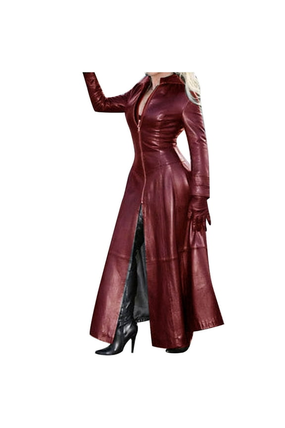 Women's Faux Leather Trench Coat Women's Fashion Sexy Fall And Winter Solid Long Leather Coat Imitation Leather Windbreaker Coat Red S