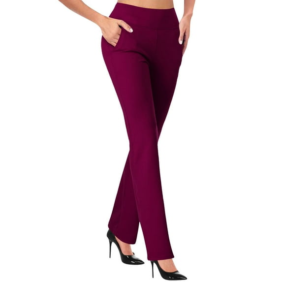 Dezsed Women's Flared Yoga Dress Pants Stretchy Work Slacks Business Casual Straight Leg Bootcut Pull on Trousers with Pockets Wine XL