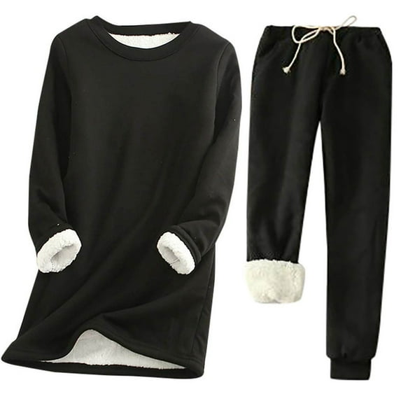 Dezsed Women's Fleece 2 Piece Outfits Sherpa Lined Sweatpants Winter Warm Fleece Lined Athletic Workout Jogger Pants Black M