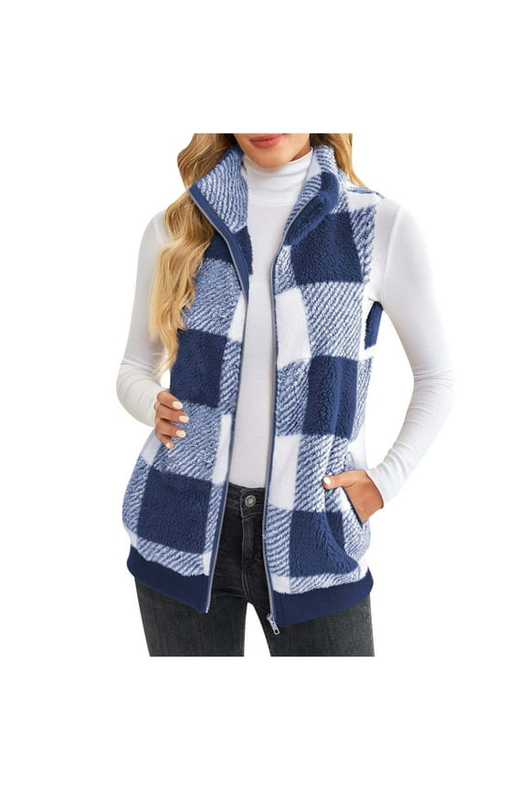 Women's Fleece Vest Women's Plaid Print Patch Patchwork Cardigans Open Front Sleeveless Cardigan Plush Coat Tops Blue L