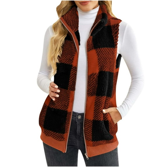 Dezsed Women's Fleece Vest Women's Plaid Print Patch Patchwork Cardigans Open Front Sleeveless Cardigan Plush Coat Tops Orange XXXL
