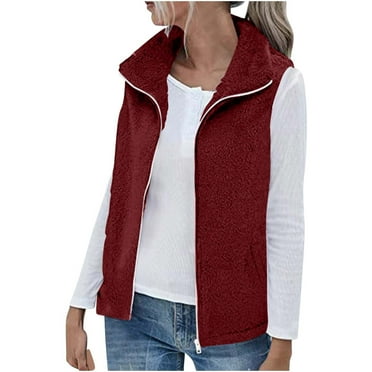 Dezsed Women's Fleece Vest Clearance Women's Sleeveless Zippered Pocket Jacket Tops Blouse Red M