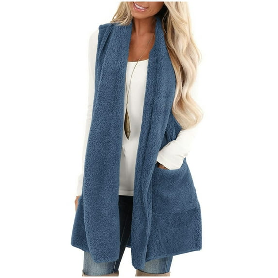 Dezsed Women's Fleece Vest Womens Sleeveless Faux Cardigan Fluffly Vintage Jacket Long Coat Blue L