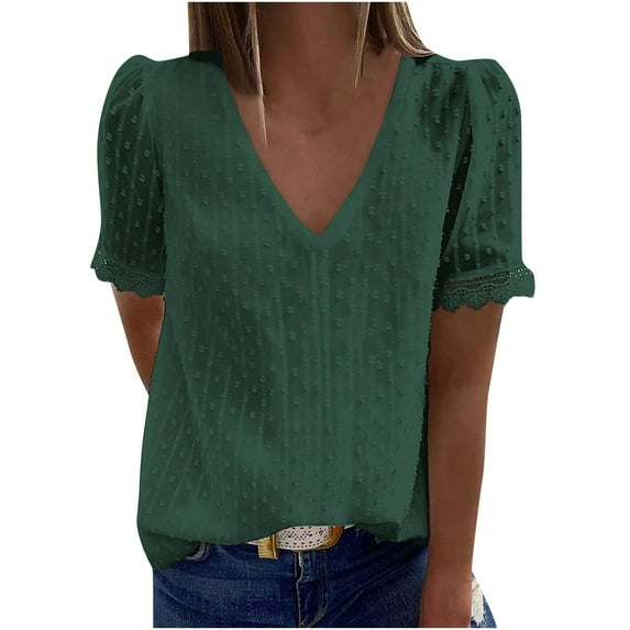 Dezsed Women's Floral Lace Short Sleeve Tunic Tops V Neck Pullover Solid Tee Shirt Dressy Casual Blouse Green M