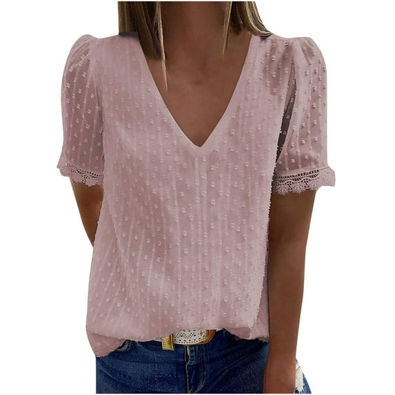 Dezsed Women's Floral Lace Short Sleeve Tunic Tops V Neck Pullover Solid Tee Shirt Dressy Casual Blouse Pink L
