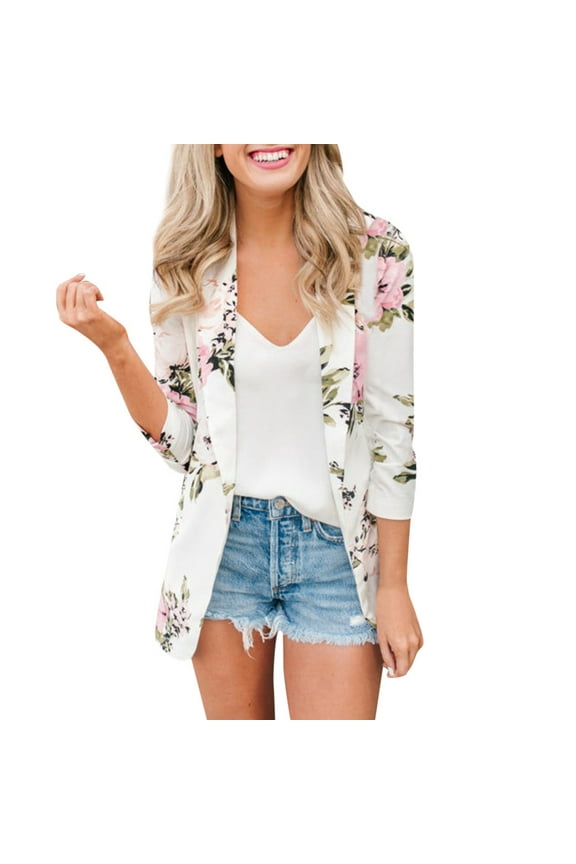 Women's Floral Print Blazer Jacket Womens Ladies Retro Floral Zipper Up Bomber Jacket Casual Coat Outerwear White L
