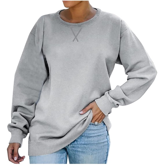 Dezsed Women's French Terry Fleece Crewneck Sweatshirt Loose Shirt Long Sleeve Blouse Casual Pullover Tops Gray S