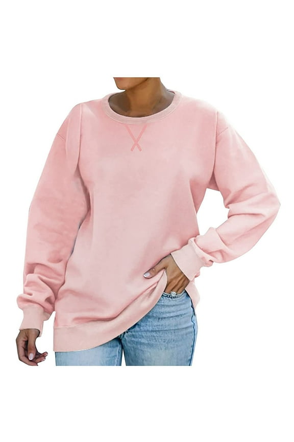 Women's French Terry Fleece Crewneck Sweatshirt Loose Shirt Long Sleeve Blouse Casual Pullover Tops Pink L