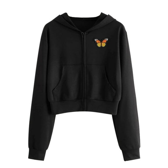 Dezsed Women's Full Zip Hoodie Women Embroidery Butterfly Long Sleeve Zipper Pocket Shirt Hooded Sweatshirt Top Black