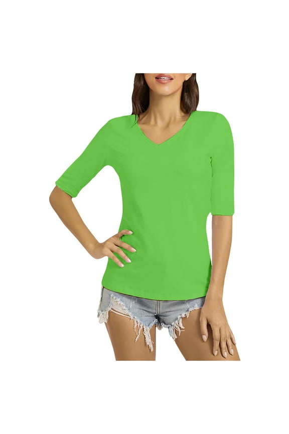 Women's Half Sleeve T Shirts, Casual V Neck Elbow Length Shirt Slim Fit Solid Basic Trendy Tees Tops Green 3XL