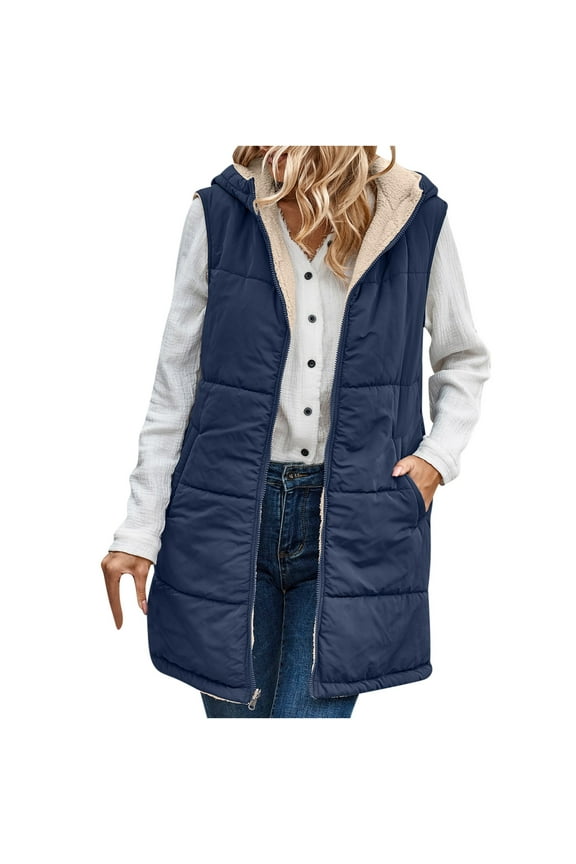Women's Hooded Warm Puffer Vests Outerwear Women's Winter Casual Loose Fashion Color Pocket Zippered Plush Waistcoat Tops Reversible Long Cotton Coat Navy M
