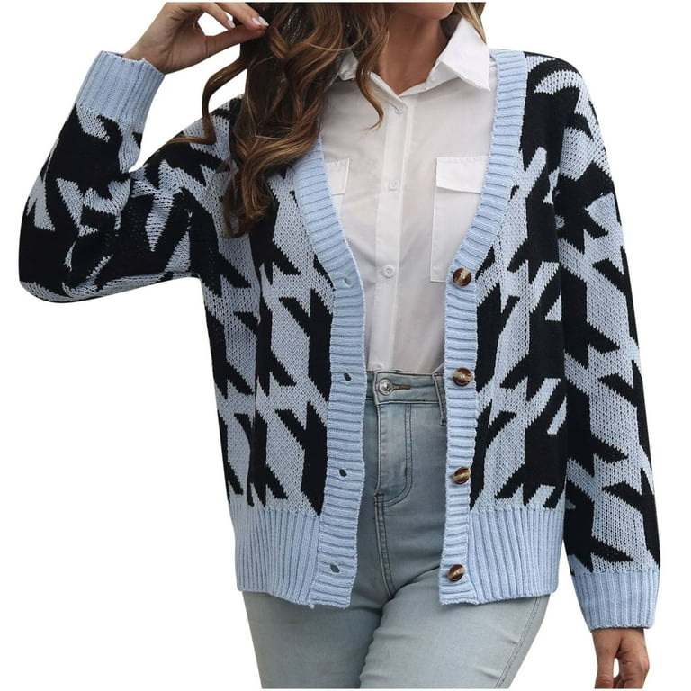 Houndstooth Medium Style Knitting Cardigan Houndstooth Medium Style Knitting Cardigan