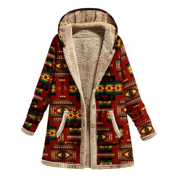 Dezsed Women's Jacket Clearance Women Sexy Western Printing Fleece Velvet Jacket Pocket Crop Workout Long Sleeve Lapel Loose Thick Hooded Casual Coat Tops Outwears Wine XXL