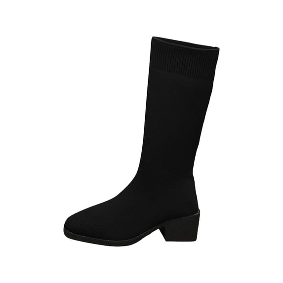 Dezsed Women's Knee-High Stretch Knitted Boots with Low Block Heel Almond Toe Mid Calf Boot Casual Dress Shoes for Fall Winter Black 38