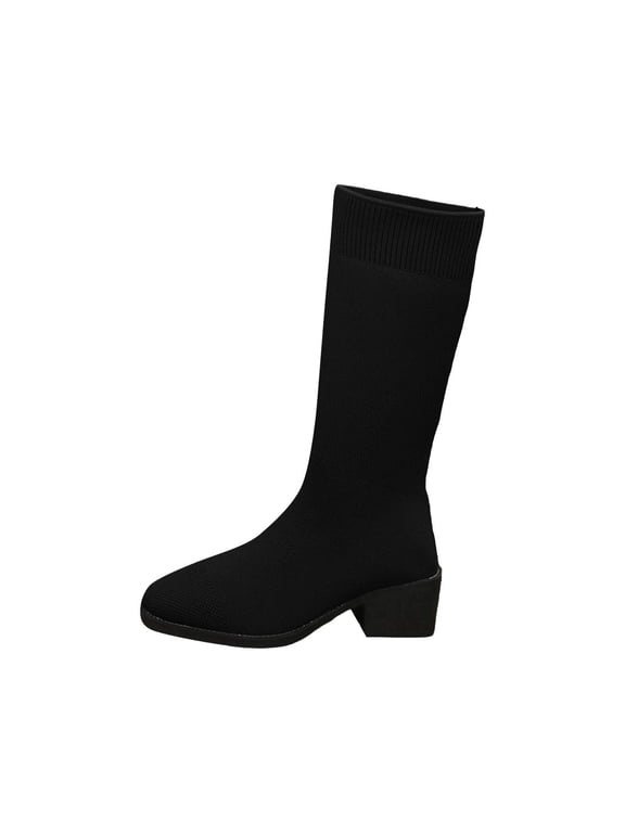 Women's Knee-High Stretch Knitted Boots with Low Block Heel Almond Toe Mid Calf Boot Casual Dress Shoes for Fall Winter Black 38