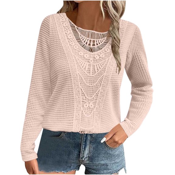 Dezsed Women's Lace Trim Tunic Tops Dressy Casual Crew Neck Long Sleeve Hollow Out Solid Color Blouses Shirts Pink M
