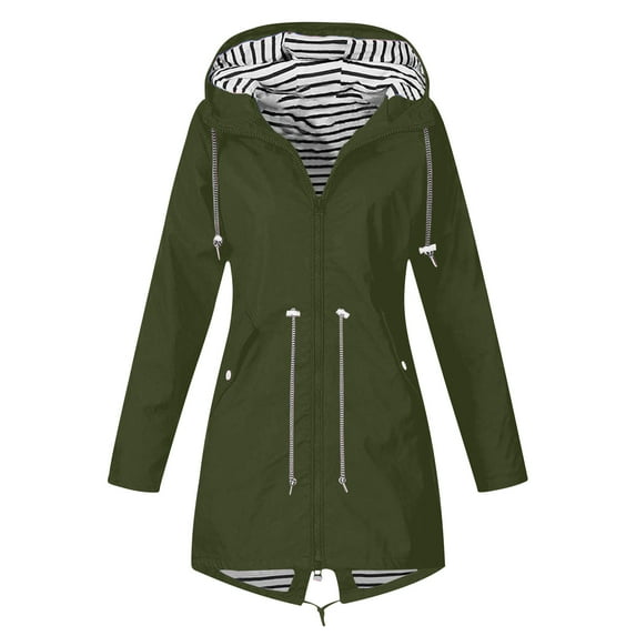 Dezsed Women's Lightweight Long Jacket Women Solid Color Rain Jacket Outdoor Hooded Windproof Loose With Pocket Coat ArmyGreen S