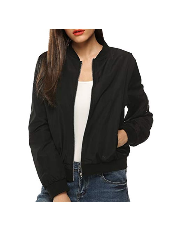 Women's Casual Zip Up Cropped Bomber Jacket Lightweight Long Sleeve Windbreaker Coat Thin Sports Outerwear Spring Fall Clothes with Pockets Black 2XL