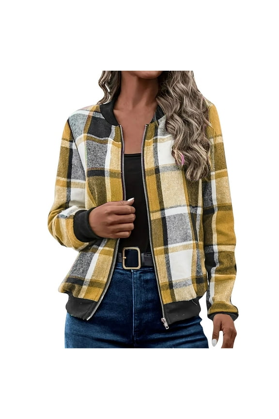 Women's Long Sleeve Round Neck Zipper Lightweight Fashion Plaid Jacket Yellow XL