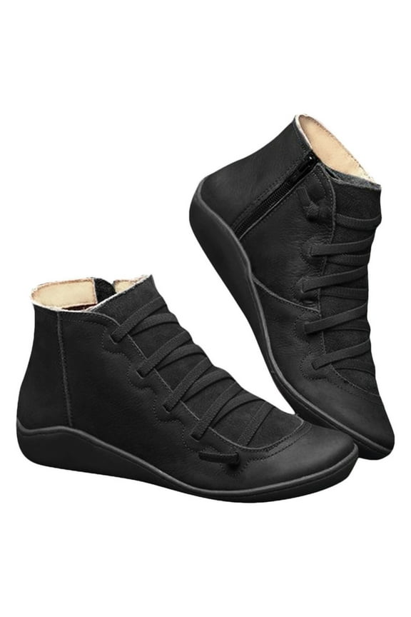 Women's Low-heeled Ankle Boots Women Casual Flat Leather Retro Lace-Up Boots Side Zipper Plus Shoe Boots Black
