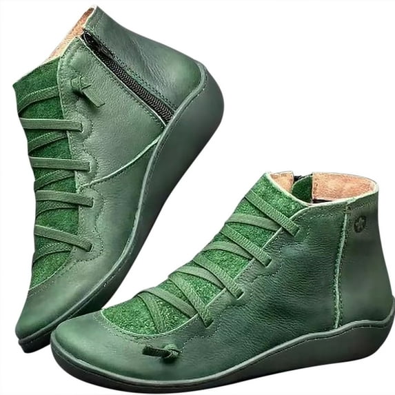 Dezsed Women's Low-heeled Ankle Boots Women Casual Flat Leather Retro Lace-Up Boots Side Zipper Plus Shoe Boots Green