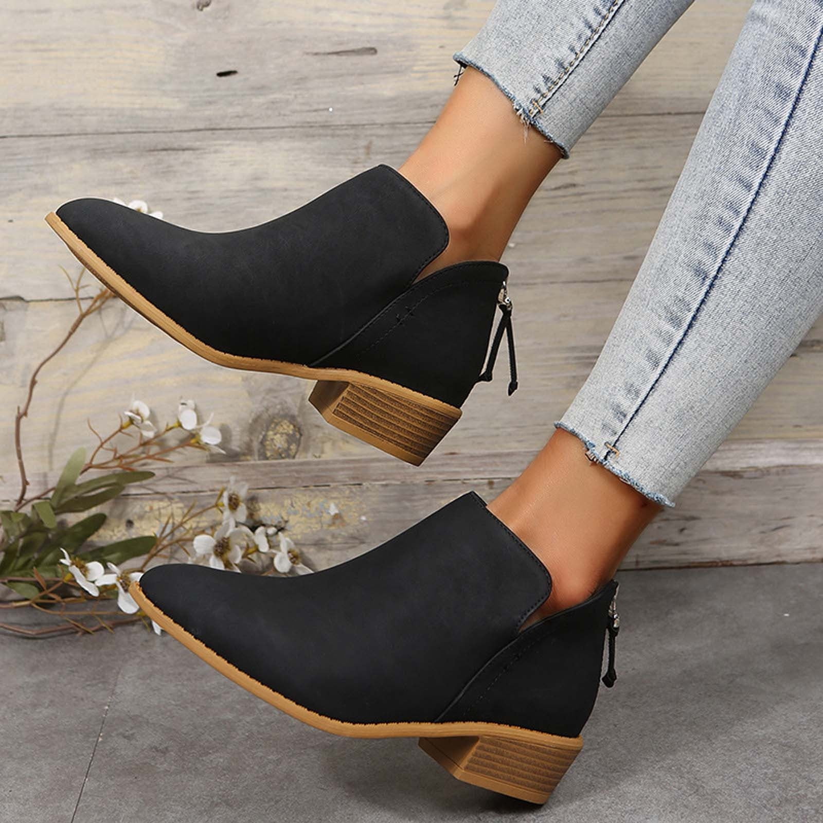 Women Lace-up Suede Ankle Boots Zip Up Bootie Low Heel Pointed Toe Shoes |  Fruugo BH