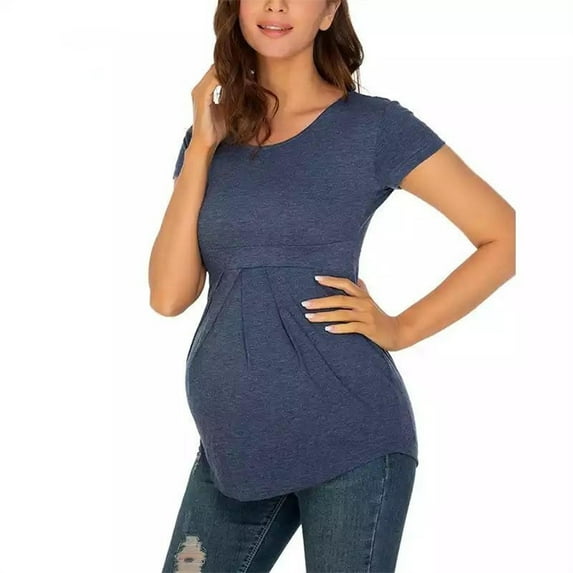 Dezsed Women's Maternity Tops Short Sleeve Round Neck Front Pleat Peplum Tunic Top Mama Pregnancy Shirts Summer Casual Classic T Shirts for Pregnant Women