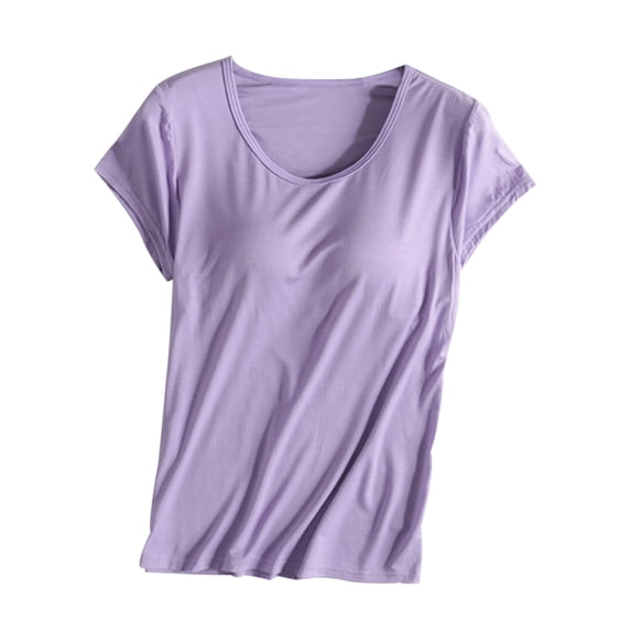 Dezsed Women's Modal Built-in Bra Padded T-Shirt Ladies Solid Color Short Sleeve Crew Neck Yoga Sports T-shirt Purple XXL