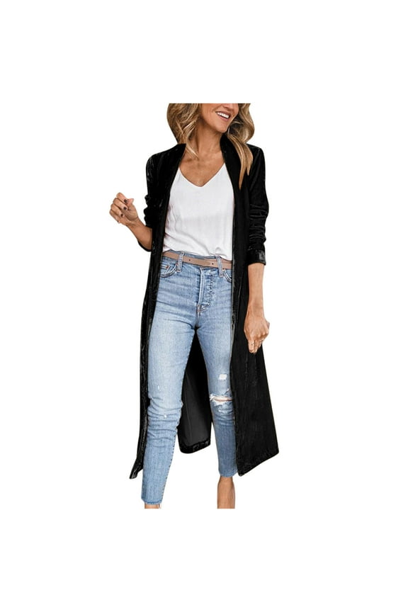 Women's Open Front Cardigan Shirt Women Solid Color Casual Long Sleeve Pocket Mid-Length Cardigan Tops Split Fork Blouse Coat Black M