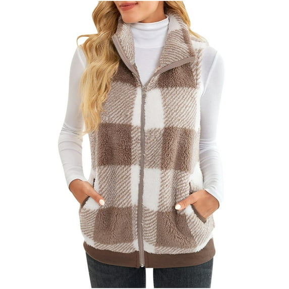 Dezsed Women's Outwear Vest Women's Plaid Print Patch Patchwork Cardigans Open Front Sleeveless Cardigan Plush Coat Tops Brown XL