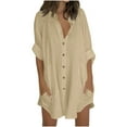 thumbnail image 1 of Dezsed Women's Oversized Button Down Shirt Dress with Pockets Long Sleeve Cotton Linen Cover Ups Casual Tunic Blouse Tops Beige 2XL, 1 of 5